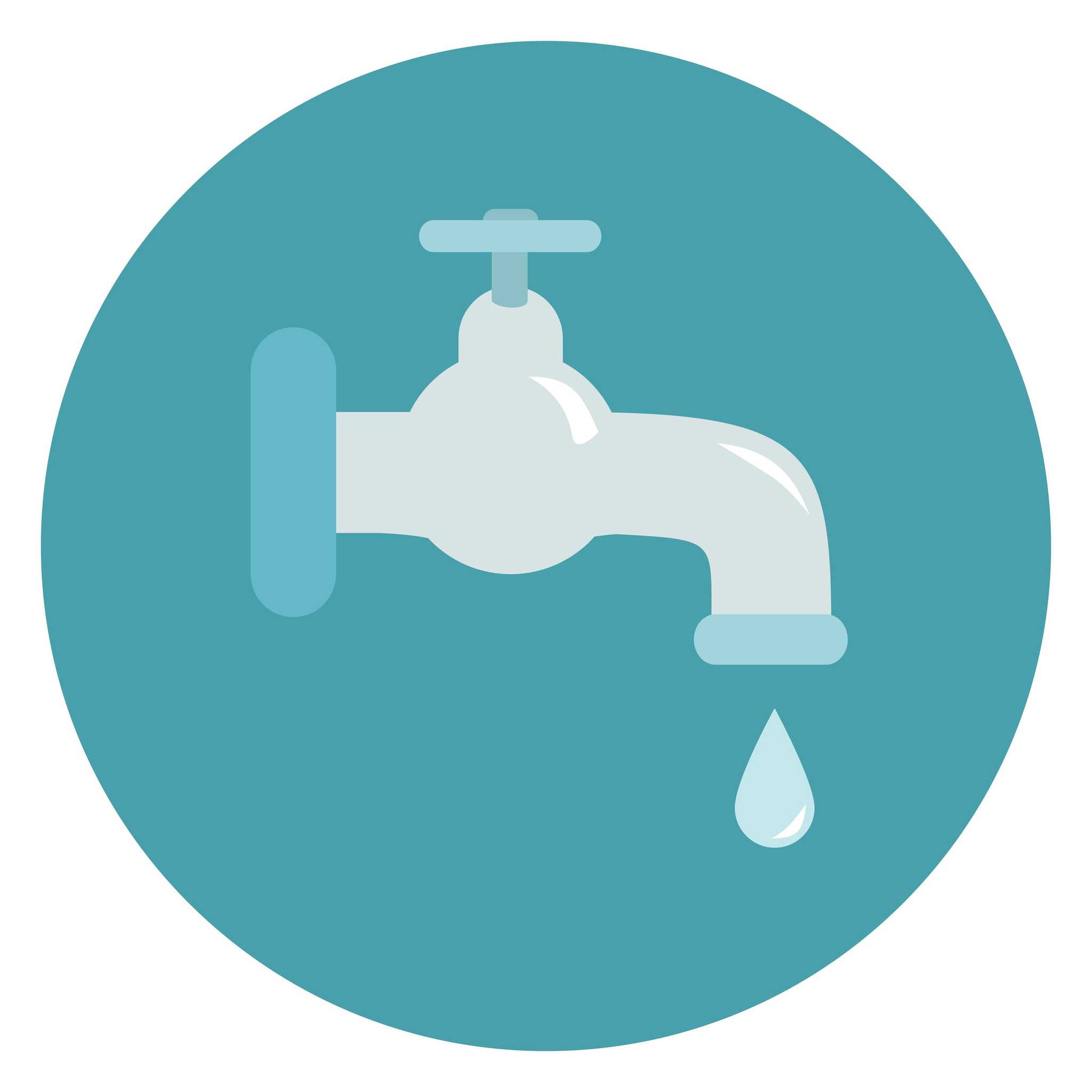 Water faucet icon inside a teal circle, with a single droplet falling from the spout. Simple flat-design illustration representing water access, conservation, or supply.