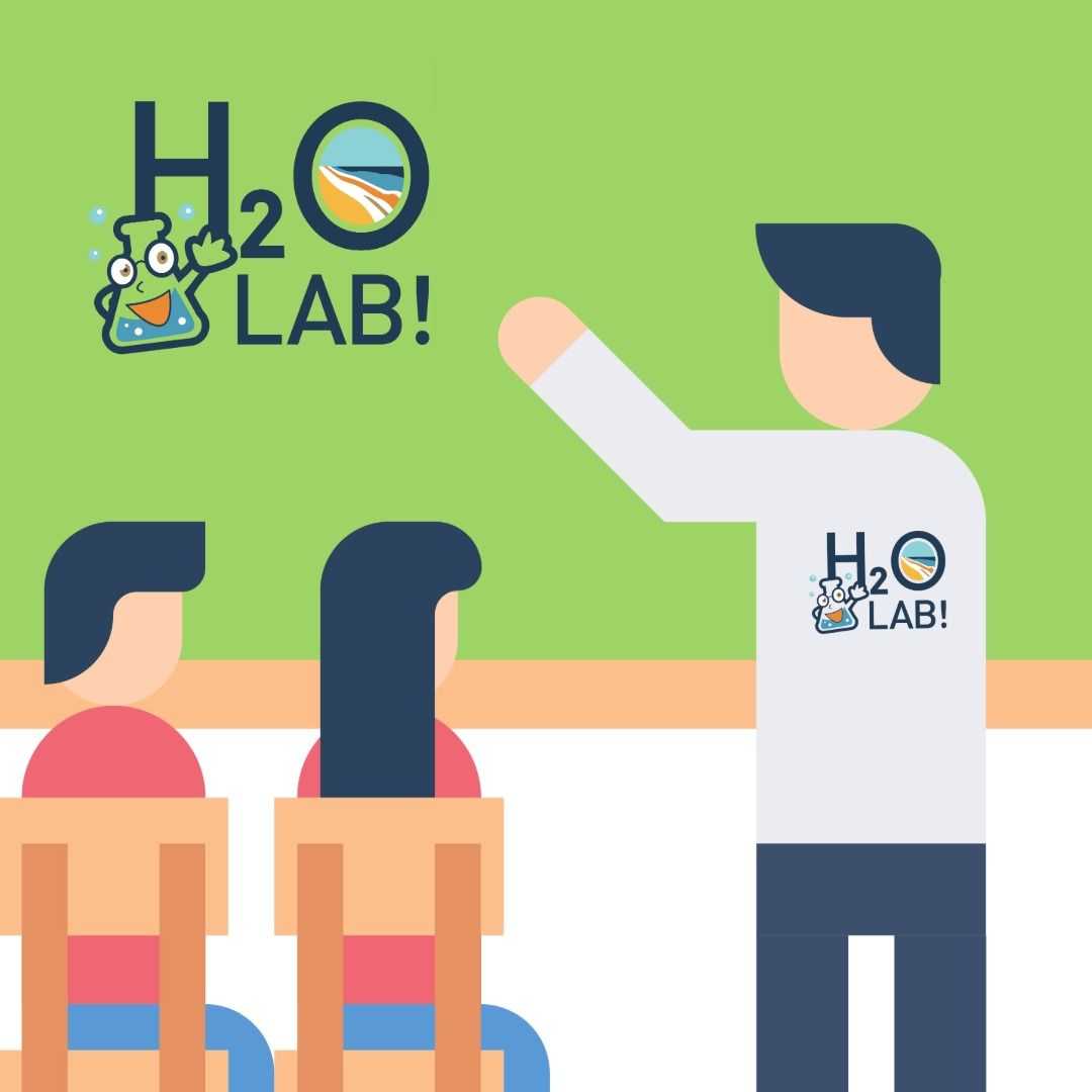 Illustration of a classroom scene with a presenter waving beside a large H2O Lab logo, while two seated students face the front. Green background with simple flat-design figures.